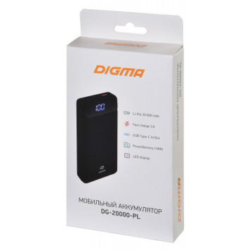 Мобильный аккумулятор Digma Power Delivery DG-20000-PL-BK QC 3.0 PD(18W) Li-Pol 20000mAh 3A черный 2xUSB материал пластик -6