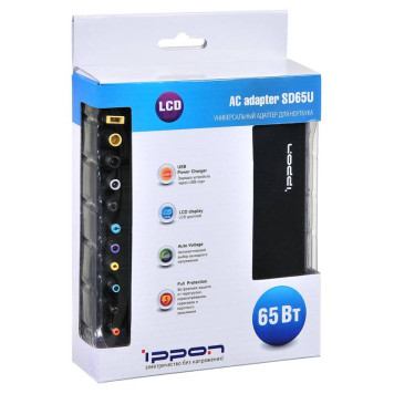 Блок питания Ippon SD65U автоматический 65W 15V-19.5V 11-connectors 3.5A 1xUSB 2.1A от бытовой электросети LСD индикатор -7