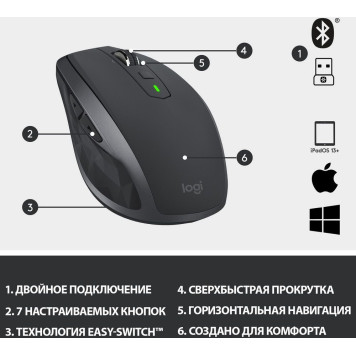 Мышь Logitech MX Anywhere 2S графитовый оптическая (4000dpi) беспроводная BT/Radio USB (7but) -8