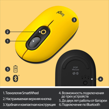 Мышь Logitech POP Mouse with emoji желтый/черный оптическая (4000dpi) беспроводная BT/Radio USB (4but) -10