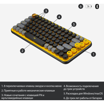 Клавиатура Logitech POP Keys механическая желтый/черный USB беспроводная BT/Radio -2