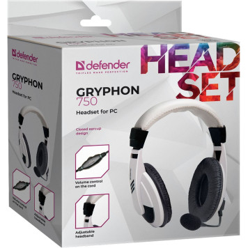 Наушники с микрофоном Defender Gryphon HN-750 белый/черный 2м накладные оголовье (63747) -3