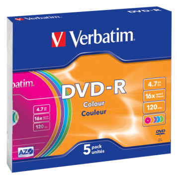 Диск DVD-R Verbatim 4.7Gb 16x Slim case (5шт) Color (43557) -1
