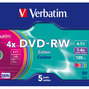 Диск DVD-RW Verbatim 4.7Gb 4x Slim case (5шт) Color (43563) 