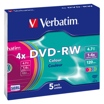 Диск DVD-RW Verbatim 4.7Gb 4x Slim case (5шт) Color (43563) -1