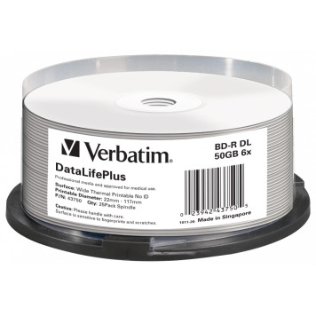 Диск BD-R Verbatim 50Gb 6x Cake Box (25шт) Double Layer Printable (43750) 