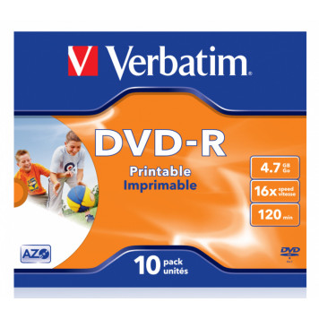 Диск DVD-R Verbatim 4.7Gb 16x Jewel case (10шт) Printable (43521) 