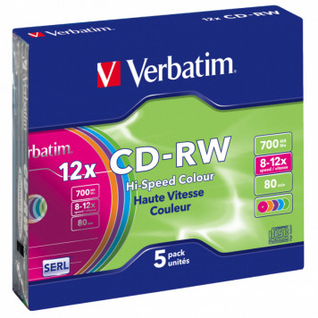 Диск CD-RW Verbatim 700Mb 12x Slim case (5шт) Color (43167) -1