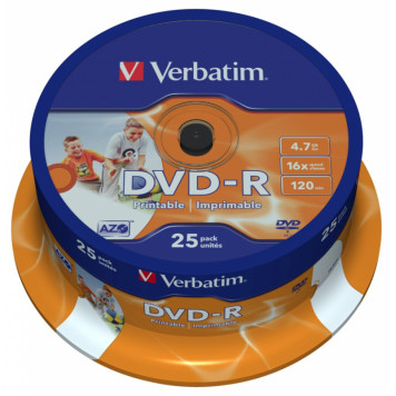 Диск DVD-R Verbatim 4.7Gb 16x Cake Box (25шт) Printable (43538) -1