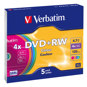 Диск DVD+RW Verbatim 4.7Gb 4x Slim case (5шт) Color (43297) -1
