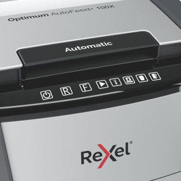 Шредер Rexel Optimum AutoFeed 100X черный с автоподачей (секр.P-4)/фрагменты/100лист./34лтр./скрепки/скобы/пл.карты -4