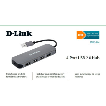 Разветвитель USB 2.0 D-Link DUB-H4 4порт. черный (DUB-H4/E1A) -1