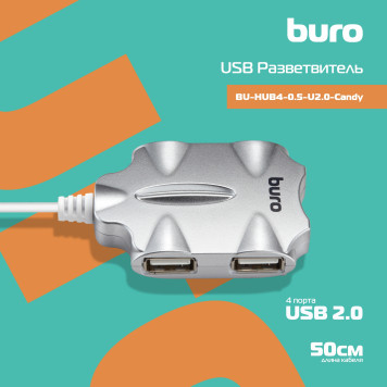 Разветвитель USB 2.0 Buro BU-HUB4-0.5-U2.0-Candy 4порт. серебристый -2