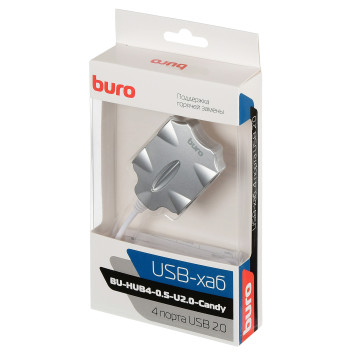 Разветвитель USB 2.0 Buro BU-HUB4-0.5-U2.0-Candy 4порт. серебристый 