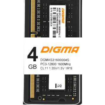 Память DDR3L 4Gb 1600MHz Digma DGMAS31600004S RTL PC3-12800 CL11 SO-DIMM 204-pin 1.35В single rank Ret -5