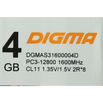 Память DDR3 4Gb 1600MHz Digma DGMAS31600004D RTL PC3-12800 CL11 SO-DIMM 204-pin 1.5В dual rank -3