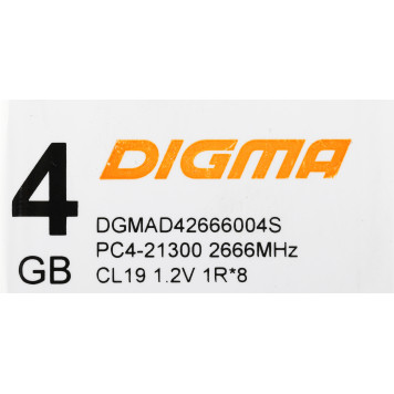 Память DDR4 4Gb 2666MHz Digma DGMAD42666004S RTL PC4-21300 CL19 DIMM 288-pin 1.2В single rank -5