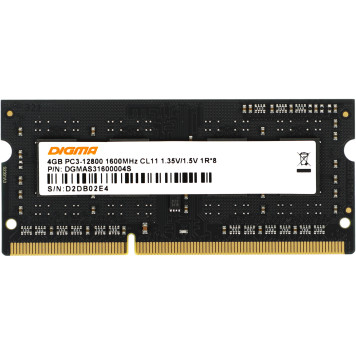 Память DDR3L 4Gb 1600MHz Digma DGMAS31600004S RTL PC3-12800 CL11 SO-DIMM 204-pin 1.35В single rank Ret -1