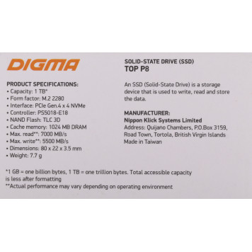 Накопитель SSD Digma PCI-E 4.0 x4 1Tb DGST4001TP83T Top P8 M.2 2280 -2