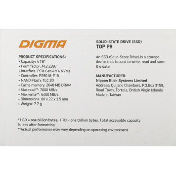 Накопитель SSD Digma PCI-E 4.0 x4 4Tb DGST4004TP83T Top P8 M.2 2280 -2
