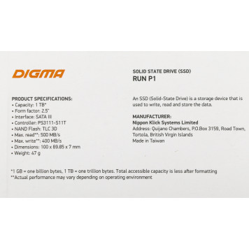 Накопитель SSD Digma SATA III 1Tb DGSR2001TP13T Run P1 2.5