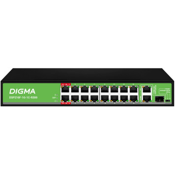 Коммутатор Digma DSP216F-1G-1C-R300 (L2) 16x100Мбит/с 1x1Гбит/с 1xКомбо(1000BASE-T/SFP) 16PoE 16PoE+ 2PoE++ 300W неуправляемый 