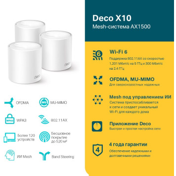 Бесшовный Mesh роутер TP-Link Deco X10 (DECO X10(3-PACK)) AX1500 10/100/1000BASE-TX белый (упак.:3шт) -4